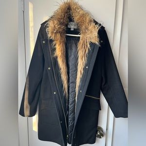 Cole Haan women’s black wool coat with hood and removable faux fur lining